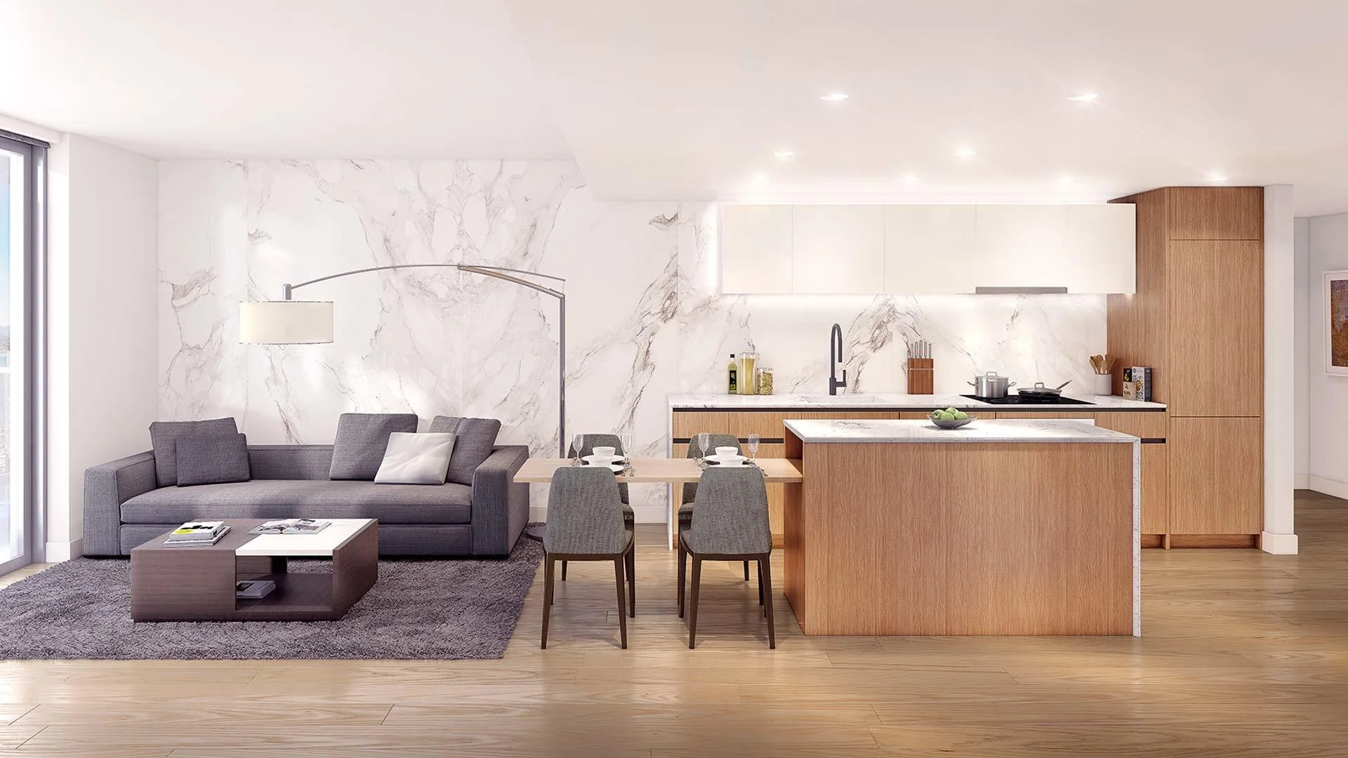 Elegant white kitchen with marble countertops