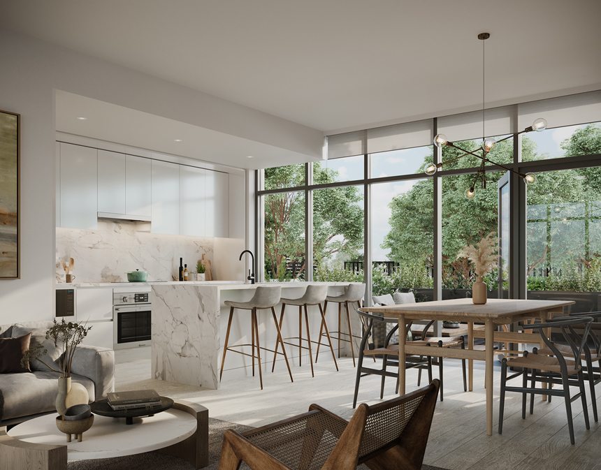 Contemporary kitchen with marble and wood